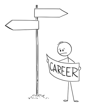 Vector cartoon stick figure illustration of frustrated man or businessman on crossroad looking for best way to good job, career or employment in map.のイラスト素材