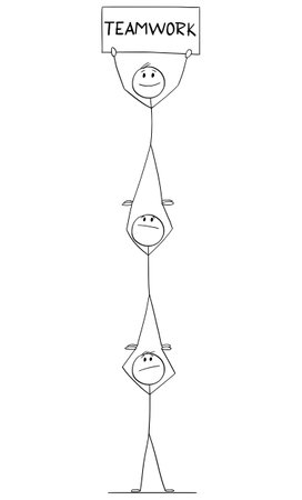 Vector cartoon stick figure illustration of group of businessmen or men cooperating as team to obtain success. Concept of teamwork.のイラスト素材
