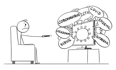 Vector Cartoon Stick Figure Illustration Of Stressed Or Frustrated Man Watching Latest News About Coronavirus Covid 19 Epidemic In Television Or Tv のイラスト素材 ストックフォト 写真素材のstock Foto ストックドットフォト