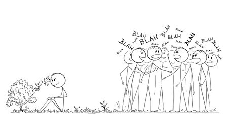 Man is hearing the singing of bird, crowd of people is chattering and ignoring beauty of nature, vector cartoon stick figure or character illustration.のイラスト素材