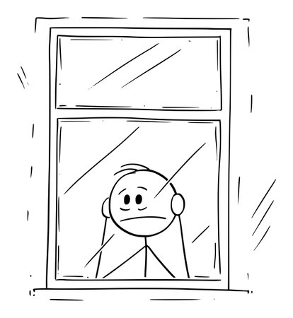 Frustrated or sad man looking through window, bored inside, vector cartoon stick figure or character illustration.のイラスト素材