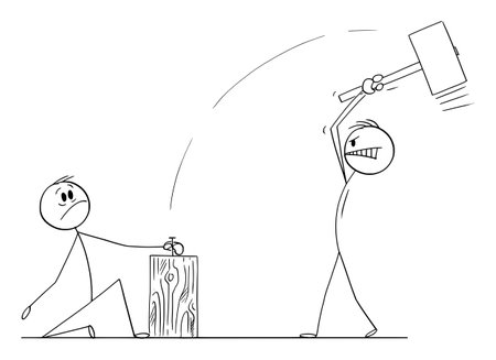 Stressed man is holding nail, while his colleague with big hammer is trying to drive or knock it,concept of teamwork, vector cartoon stick figure or character illustration.のイラスト素材