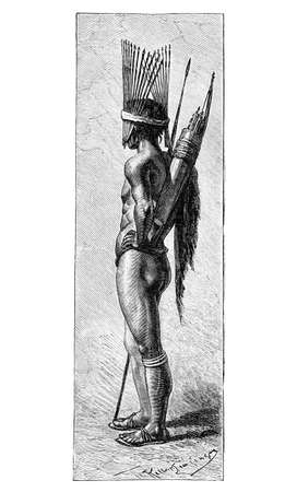 African Saan or San warrior with spear and bow ready to battle. Culture and history of Africa. Vintage antique illustration. 19th century.の写真素材