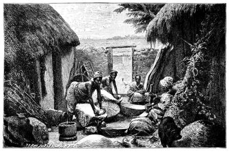 Women from Accra Milling Rice. Today Republic of Ghana. Culture and history of West Africa. Vintage antique black and white illustration. 19th century.の写真素材