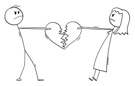 Couple of woman and man fighting for broken heart as symbol of end of love.Vector cartoon stick figure or character illustration.のイラスト素材