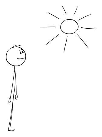 Smiling man looking at shining summer Sun happy with the weather.Vector cartoon stick figure or character illustration.のイラスト素材