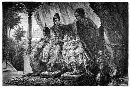 Aristocratic noblewoman begum from Bhopal, India with daughter. Culture and history of Asia. Vintage antique black and white illustration. 19th century.の写真素材