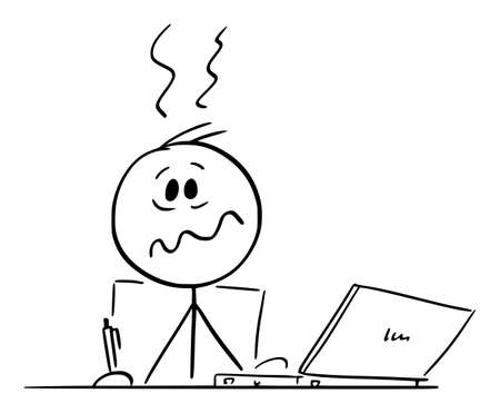 Stressed Overworked Person or Man Sitting Behind Desk Working in Office on Computer, Vector Cartoon Stick Figure Illustrationのイラスト素材