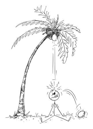 Person on Vacation Hit By Coconut Falling From Tree, Vector Cartoon Stick Figure Illustrationのイラスト素材