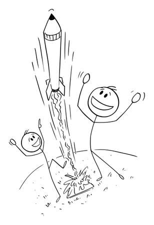 Father and Son Launching Home Made Rocket , Vector Cartoon Stick Figure Illustrationのイラスト素材