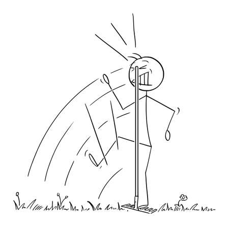 Person or Gardener or Farmer Step on Rake Hidden in Grass and Was Hit to Head , Vector Cartoon Stick Figure Illustrationのイラスト素材