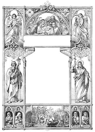 Cover or Book Jacket Frame with Saints, Prophets, Nativity Scene And Baby Moses. Bible, Old and New testament. Vintage Antique Drawingの写真素材
