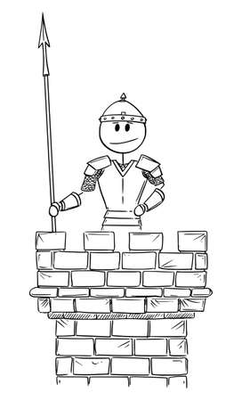 Soldier Guard Guarding on Castle Tower, Vector Cartoon Stick Figure Illustrationのイラスト素材