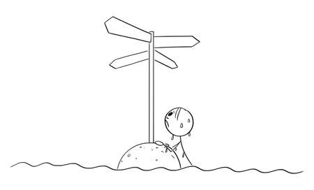 Lost Person Looking for Guide, Vector Cartoon Stick Figure Illustrationのイラスト素材