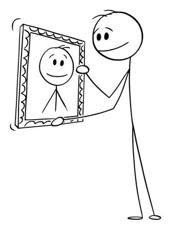 Self-loving Person Holding His Own Portrait Painting, Vector Cartoon Stick Figure Illustrationのイラスト素材