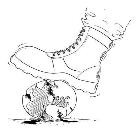 Boot of Soldier Crushing Planet Earth , Vector Cartoon Illustrationのイラスト素材