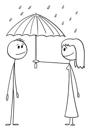 Woman Offering Umbrella in Rain to Man, Love and Protection, Vector Cartoon Stick Figure Illustrationのイラスト素材