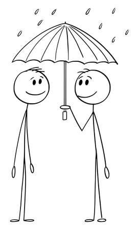 Two Persons Sharing Umbrella Protection in Rain, Vector Cartoon Stick Figure Illustrationのイラスト素材