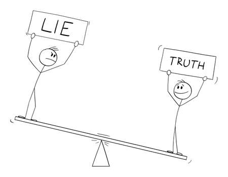 Two Persons on Balance Scales Holding Lie and Truth Signs , Vector Cartoon Stick Figure Illustrationのイラスト素材
