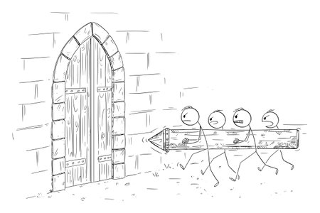 Battering Ram Attacking Castle Gate, Vector Cartoon Stick Figure Illustrationのイラスト素材