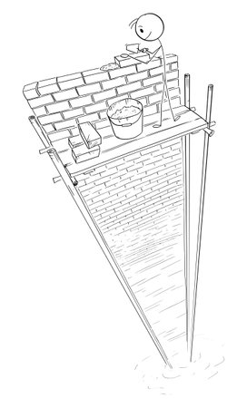 Person or Builder Building High Wall , Vector Cartoon Stick Figure Illustrationのイラスト素材