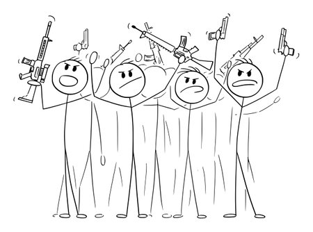 Negative dangerous armed crowd holding guns , vector cartoon stick figure or character illustration.のイラスト素材