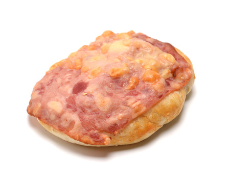 Baked bun with bacon and cheese on white backgroundの写真素材