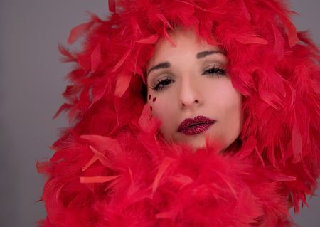 pretty brunette as a valetine's queen surrounded by red boaの写真素材