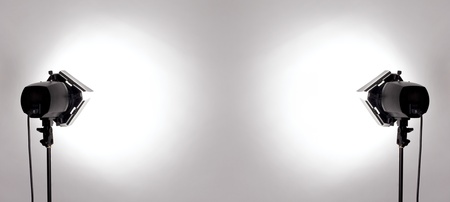 empty studio background and flash light on light greyの写真素材