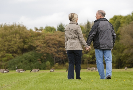 older casual couple sitting in the grass outdoorsの写真素材