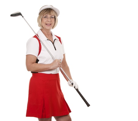 female golfer wearing white and red outfit on white backgroundの写真素材