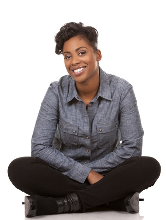 pretty black woman wearing casual outfit on white backgroundの写真素材