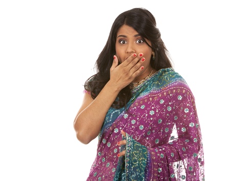 pretty woman wering indian outfit on white backgroundの写真素材