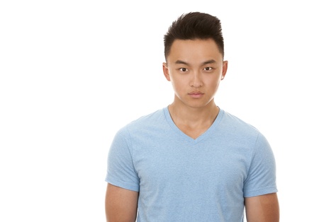 casual man wearing blue tshirt and jeans on white backgroundの写真素材