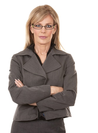 beautiful mature woman wearing business outfit on white backgroundの写真素材