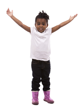casual black girl posing on white studio backgroundの写真素材