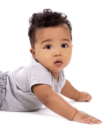 young baby boy wearing casual outfit on white background