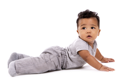 young baby boy wearing casual outfit on white backgroundの写真素材