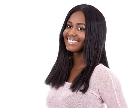 young black woman wearing light swether on white backgroundの写真素材