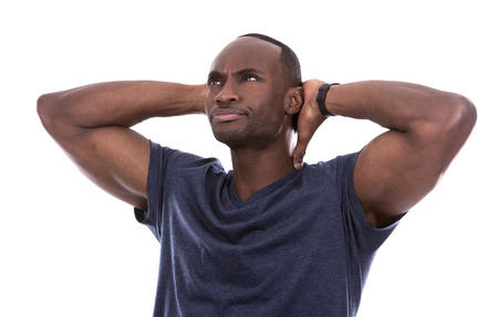 young casual black man wearing blue tshirt on white background