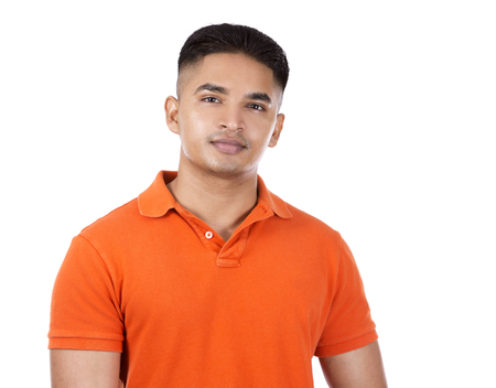 young casual man wearing orange tshirt on white isolated backgroundの写真素材