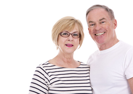 retired couple wearing summer outfits on white isolated background