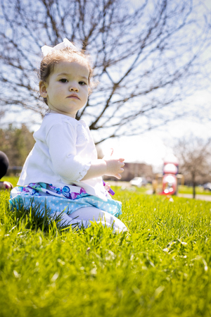 pretty little girl playing in the grass during summerの写真素材