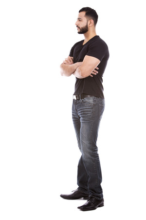 east asian handsome man wearing black tshirt and jeansの写真素材