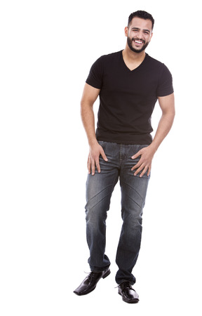 east asian handsome man wearing black tshirt and jeansの写真素材