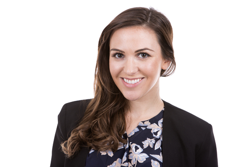 young caucasian woman wearing business attire on white backgroundの写真素材