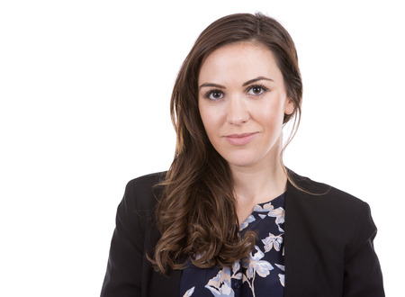 young caucasian woman wearing business attire on white backgroundの写真素材