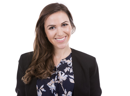 young caucasian woman wearing business attire on white backgroundの写真素材