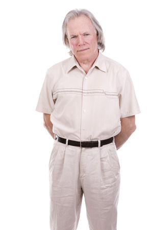 senior caucasian causual posing on white isolated backgroundの写真素材
