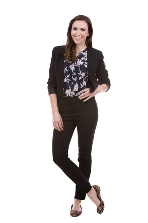 young caucasian woman wearing business attire on white backgroundの写真素材